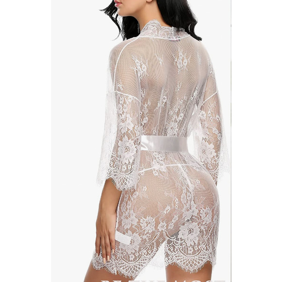 Bridal Kimono LACE MESH SHEER ROBE Satin Bow Wedding Lingerie | L | White - Picture 3 of 5